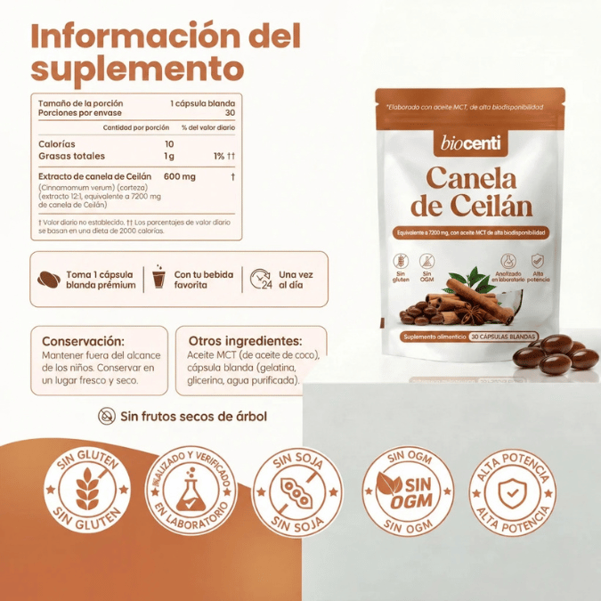 Canela de Ceilán 7200 mg equivalente con aceite MCT
