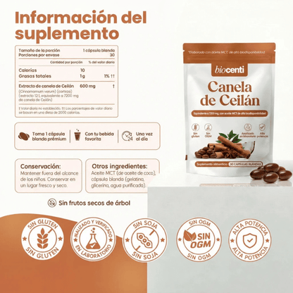 Canela de Ceilán 7200 mg equivalente con aceite MCT